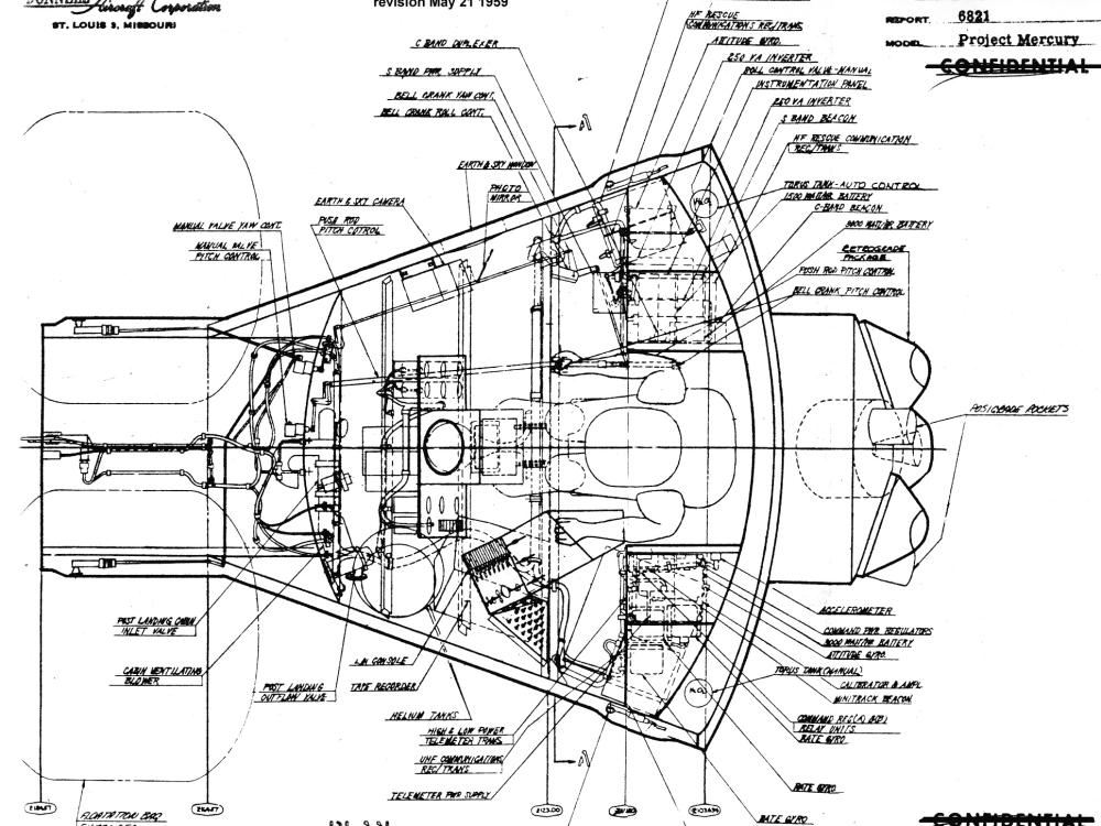 A diagram of the Freedom 7 spacecraft detailing the various pieces inside the capsule.