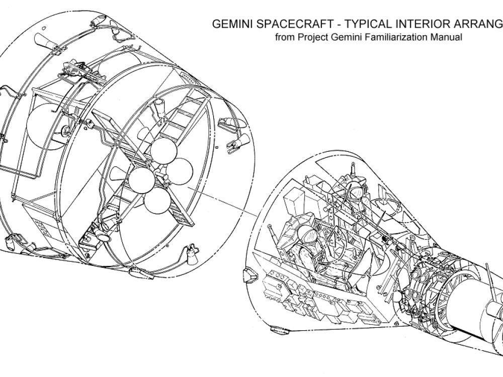 A diagram of the Gemini spacecraft, with a detailed depiction of the interior of the spacecraft