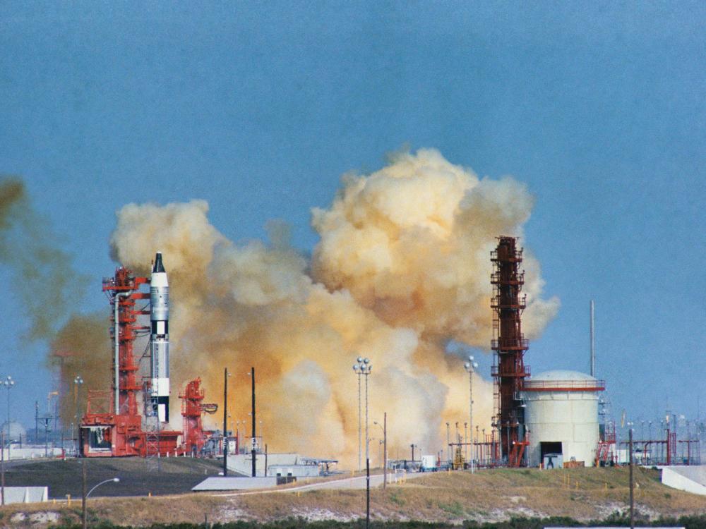 Smoke surrounding the Gemini 6 as a result of a launch abort prior to its successful launch