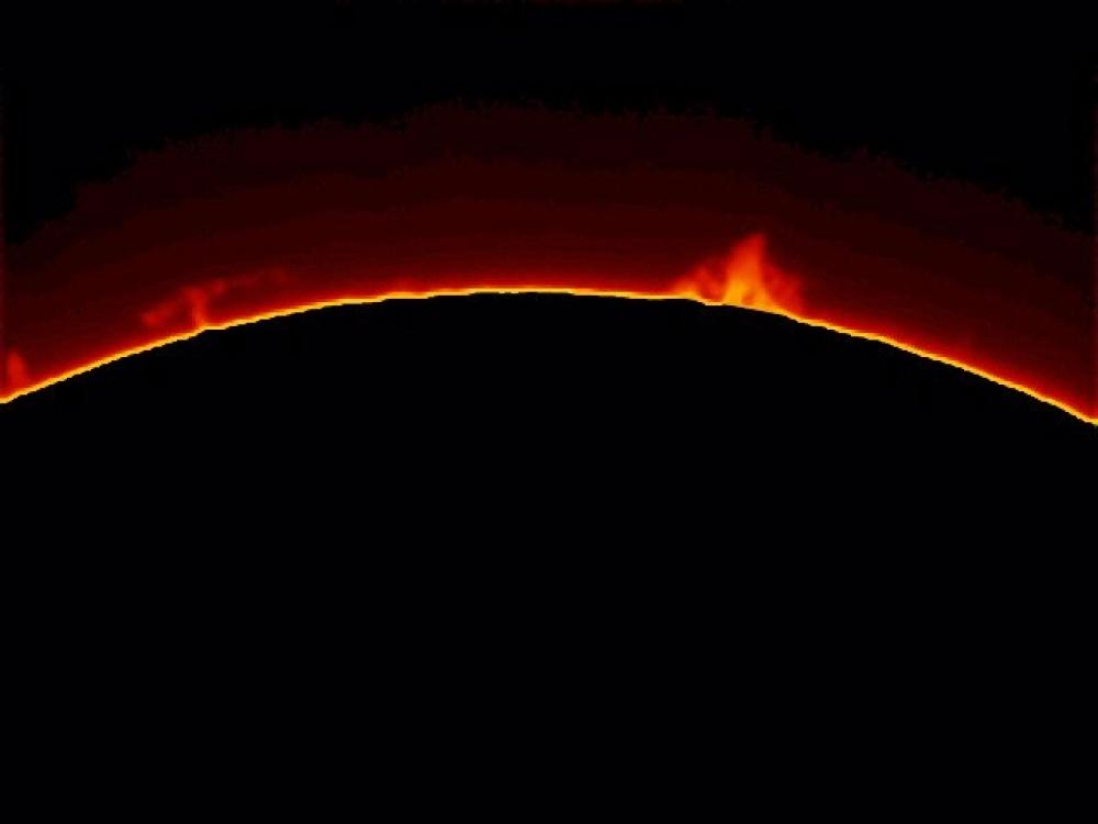 A view of a part of the Sun with focus placed on prominences of plasma rising at the top of the photo.