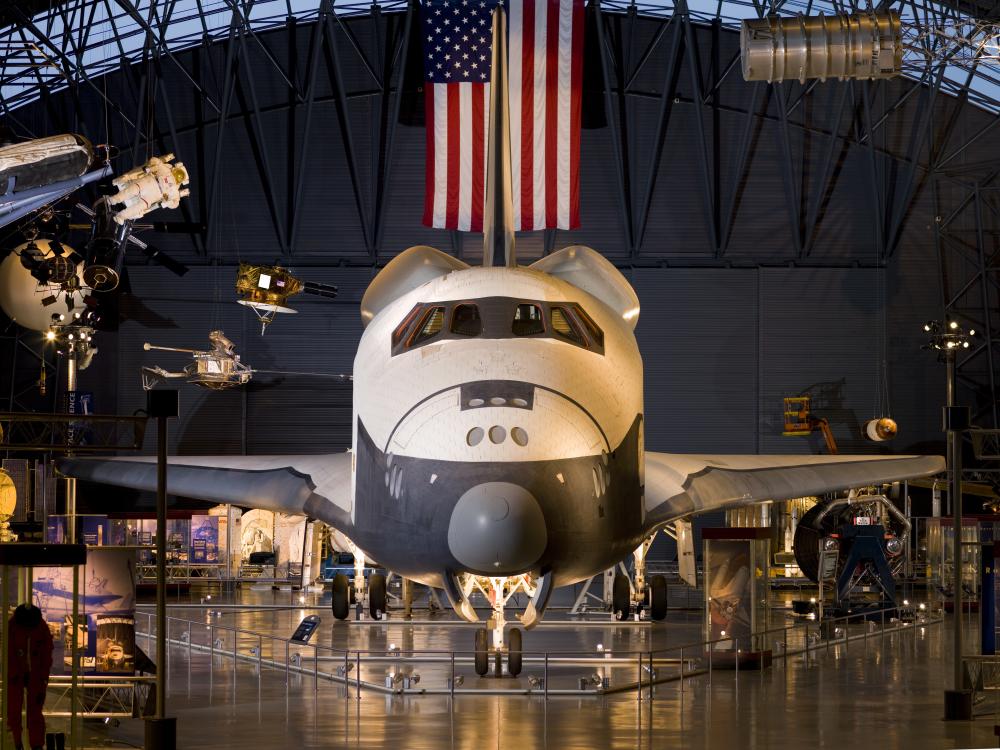 Front-facing view of the Space Shuttle Enterprise, with a focus on the nose and cockpit