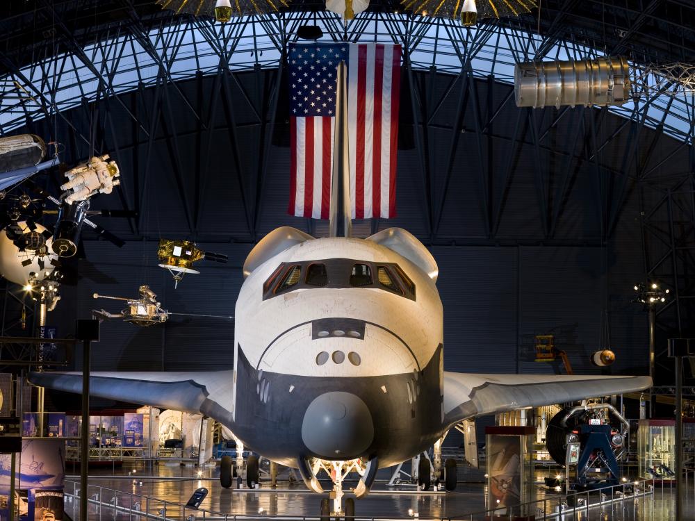 Front-facing view of the Space Shuttle Enterprise, a space shuttle previously displayed in the museum