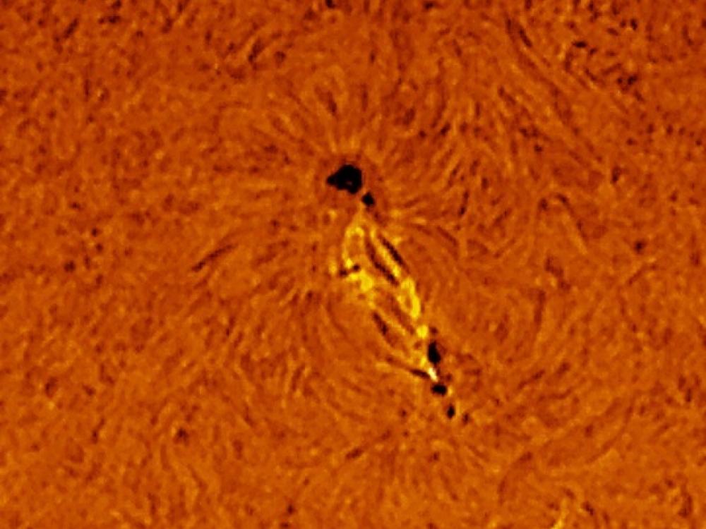 A view of two sunspots on the Sun.