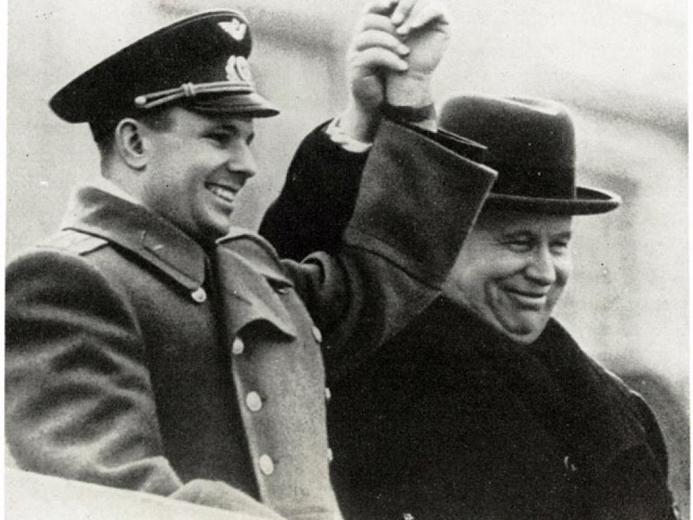 Gagarin and Nikita Khrushchev celebrate at Red Square.