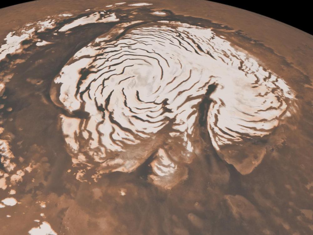 A large section of white ice on and near the northern pole of Mars.