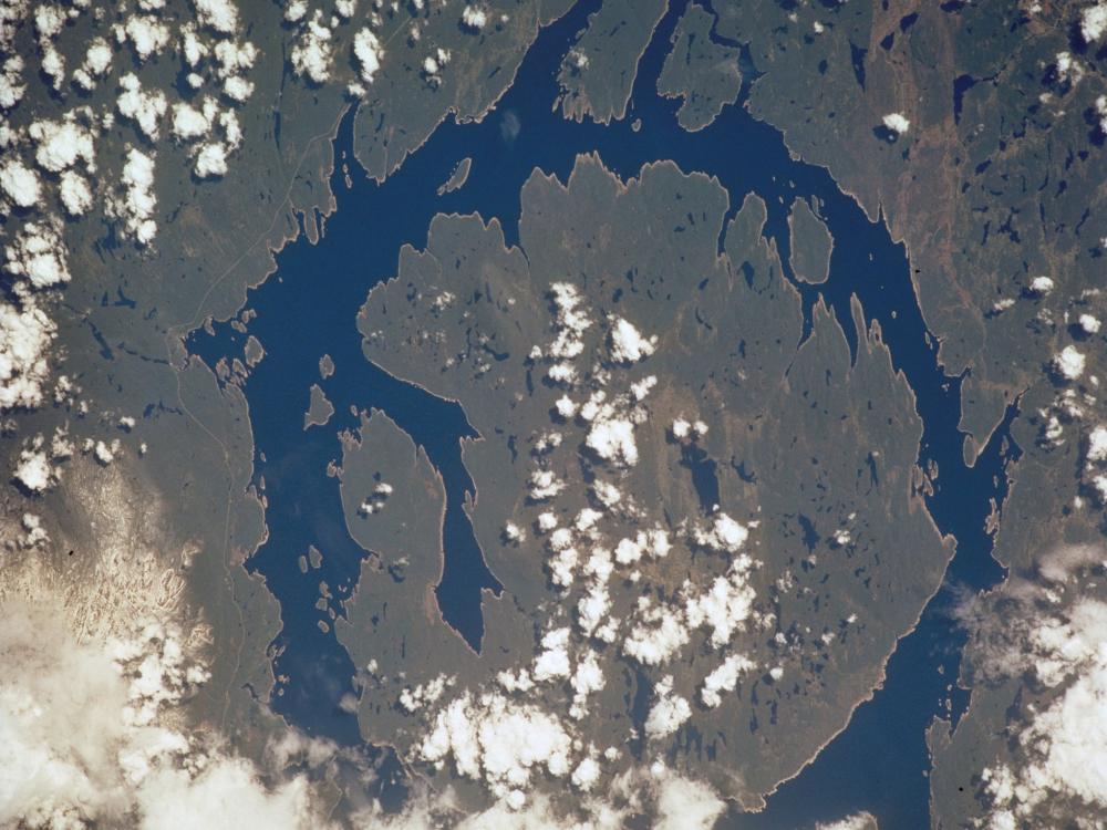 Satellite-style view of a large lake in Canada.