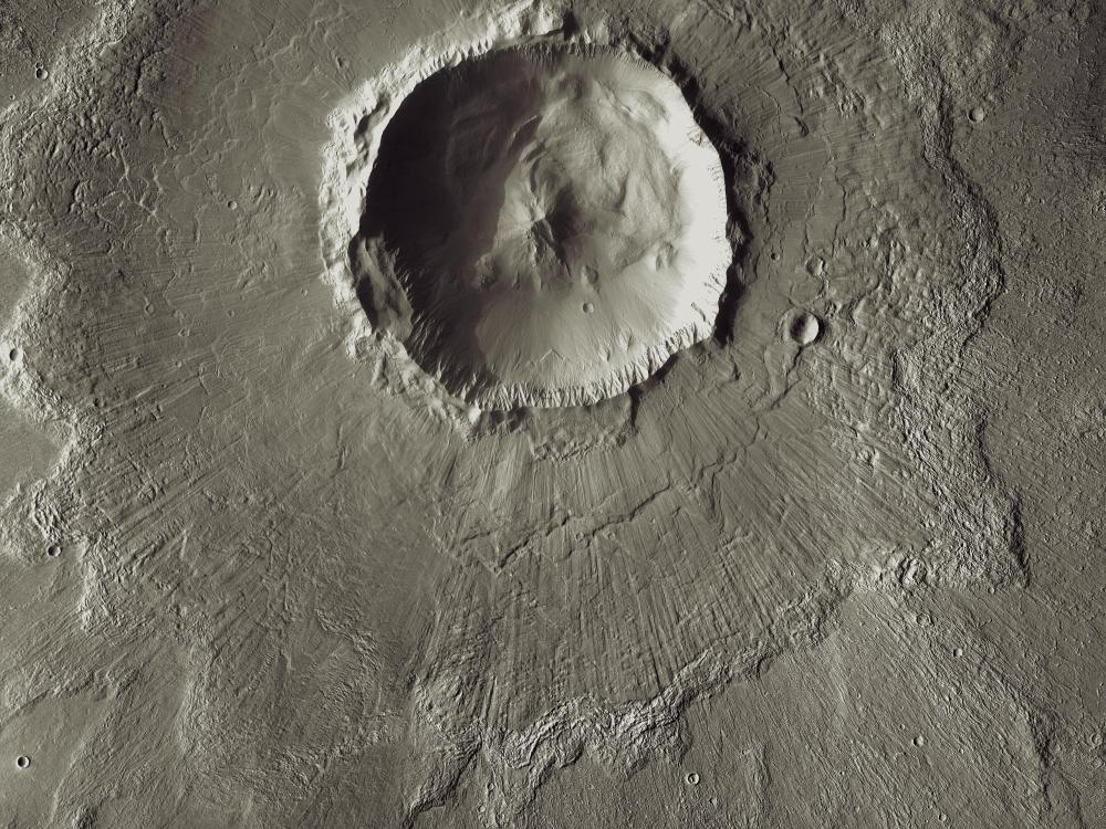 Satellite view of a 20 kilometer-wide crater on the surface of Mars.