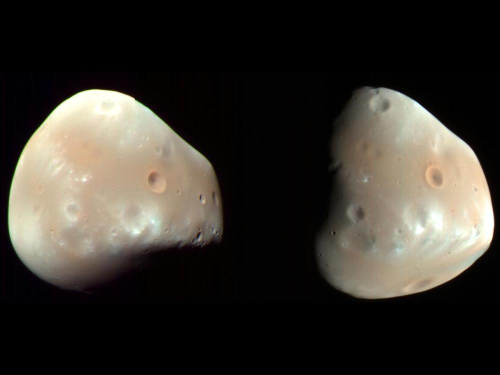 Two Views of Mars' Moon Deimos