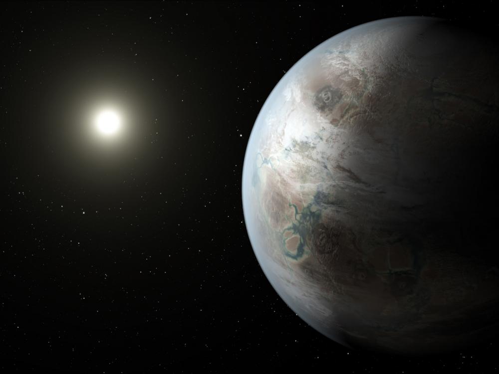 Artist depiction of Kepler-452b, an exoplanet with many similarities to Earth. The planet is partially lit by its sun.