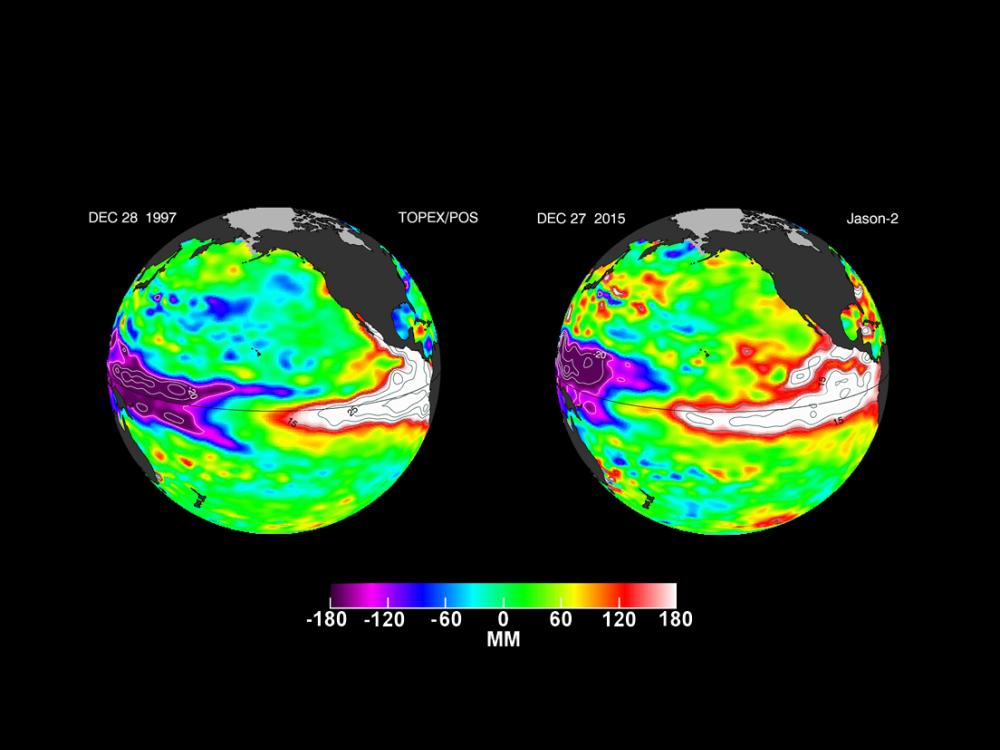 Two separate radar disk views of a section of Earth, which are mapped out to show different temperatures of water in the Pacific Ocean. Red and white areas in the middle represent an El Niño effect, or warmer waters in the Pacific Ocean. The left view shows the El Niño effect in 1997 while the right view shows the El Niño effect in 2015.