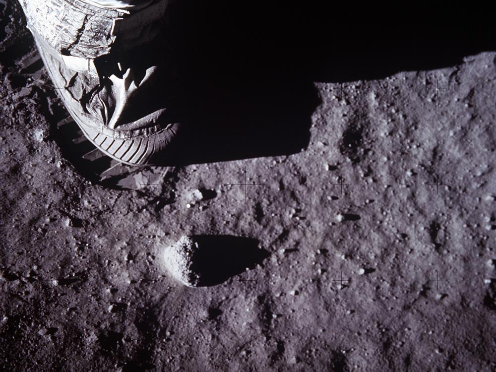 Apollo 11: Close-up of Astronaut's Foot and Footprint in Lunar Soil