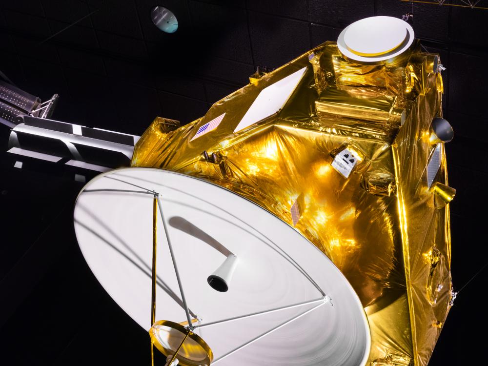 Bottom of New Horizons Spacecraft Mock-up Model hanging in museum