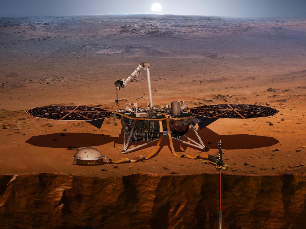 Illustration of the InSight lander on the surface of Mars.