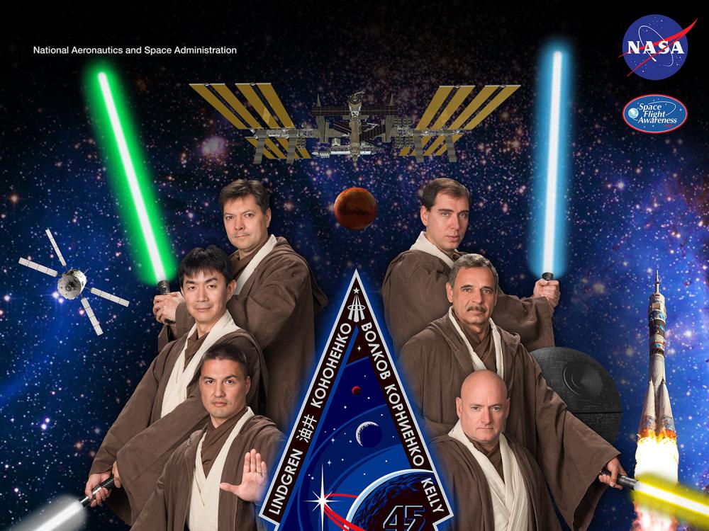 Expedition 45 members donned Jedi robes and hid a Death Star in their official crew poster