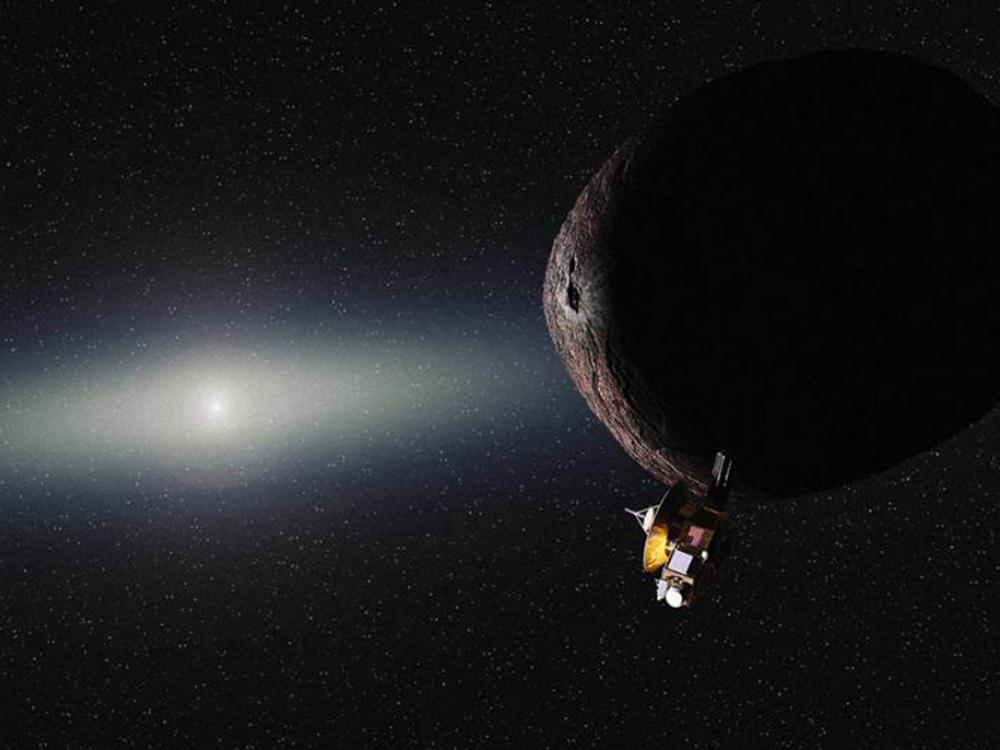 Artist depiction of the New Horizons spacecraft, a small uncrewed spacecraft, encountering a celestial body far from middle of the solar system.