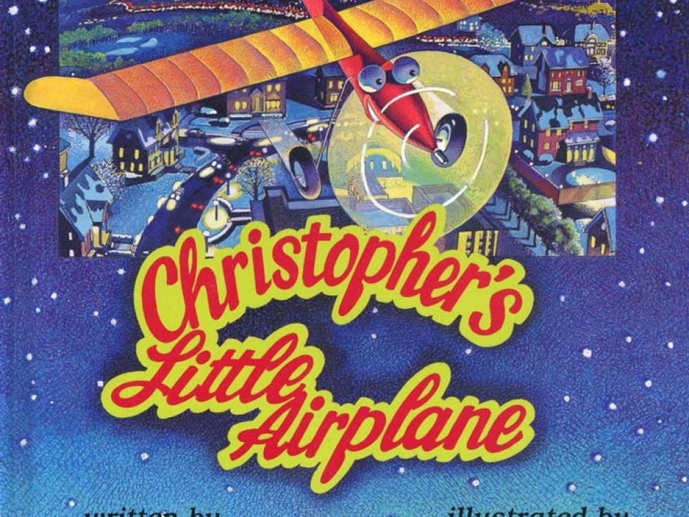 Book cover for a children's story about an airplane featuring an illustration of a red and yellow monoplane flying above a town.