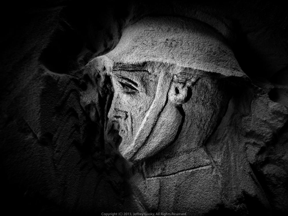 Pencil-drawn self-portrait of Archie Sweetman, a World War I soldier, in a trench dug during World War I.