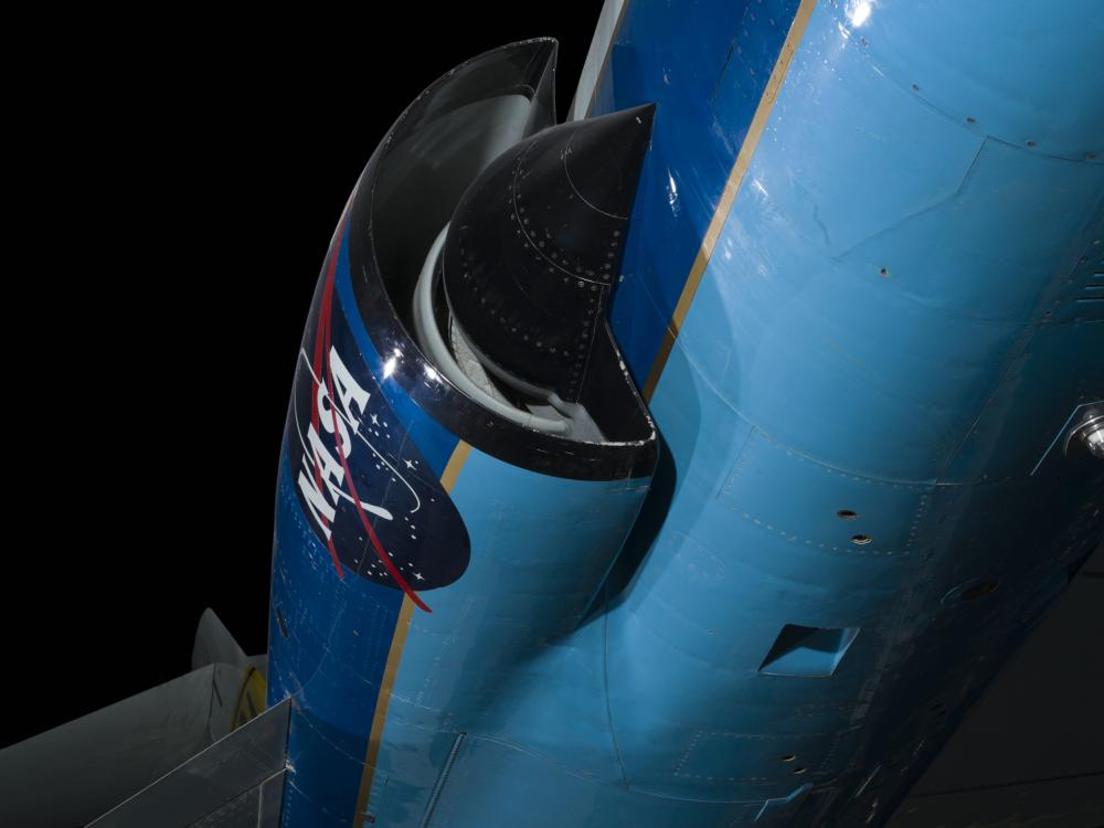 View of engine with NASA logo on side of Lockheed F-104A Starfighter aircraft