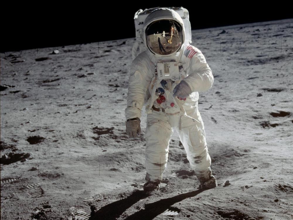 Buzz Aldrin stands on the Moon during the Apollo 11 Mission.