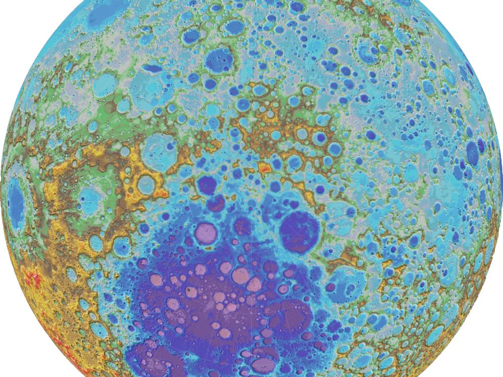 Topography elevation map of the Moon's south pole region. The South Pole region is reflected in dark blue and purple colors, representing a low-elevation area.