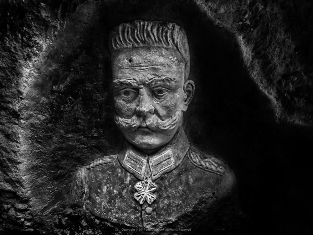Stone carving portrait of Paul von Hindenburg, Chief of German General Staff during World War I. The stone carving is found in a trench dug out during World War I.