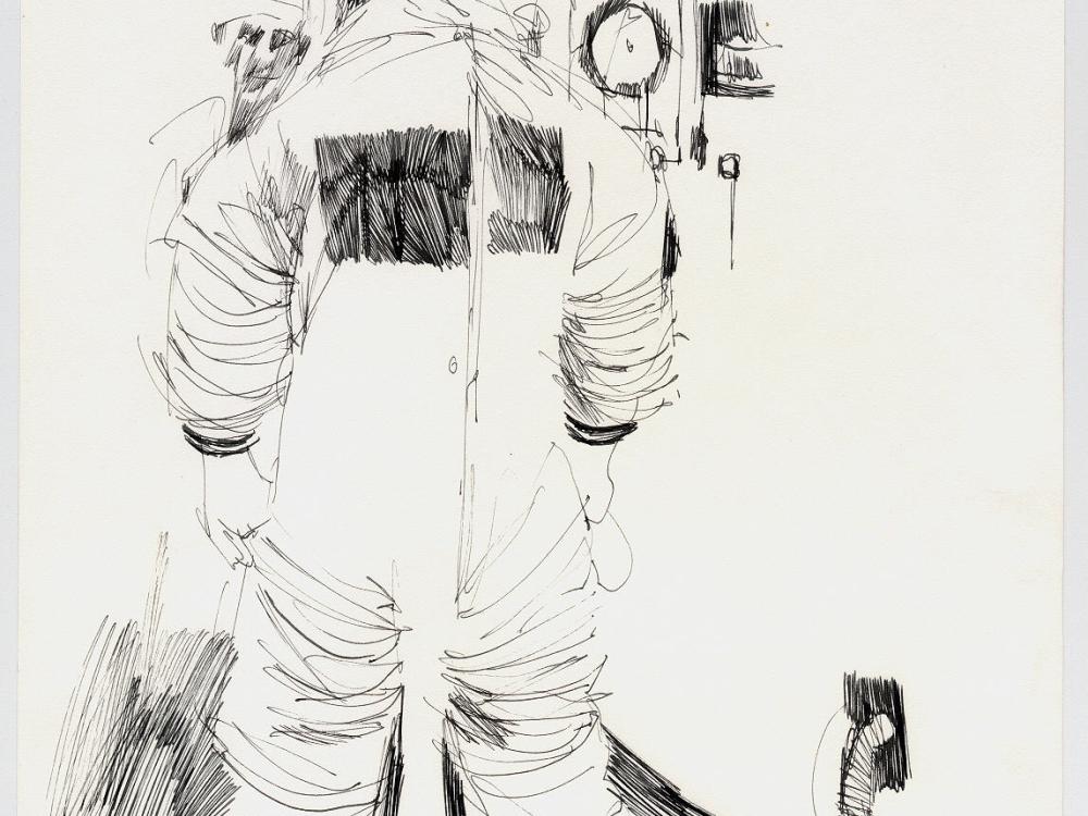 Line drawing of the back of an astronaut receiving help from a technician in front. 