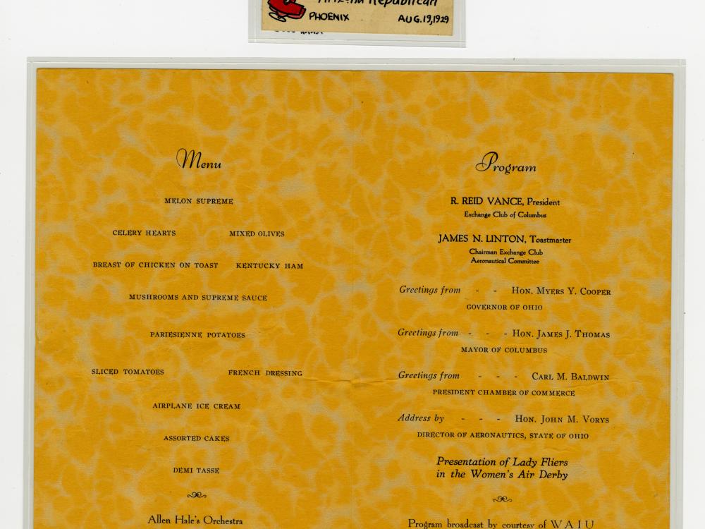 A menu for Aeronautical Banquet honoring the fliers in the Women's Air Derby.