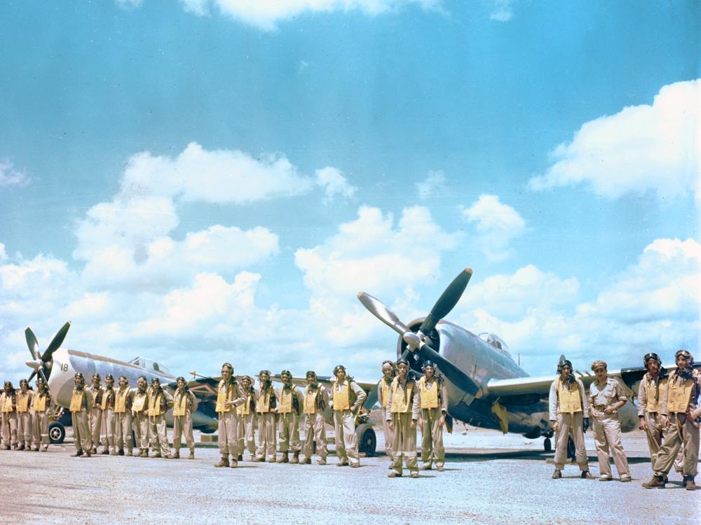 Mexican pilots of 201 Squadron pose in front of their P-47 Thunderbolts