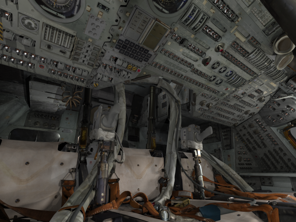 Three-dimensional rendering of white-benched seats inside the Apollo 11 command module, in front of the console