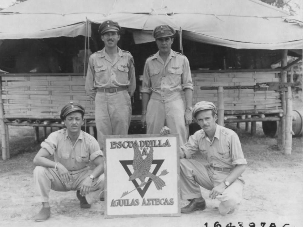 A Flight of 201 Squadron “Aztec Eagles” pose in front of their logo