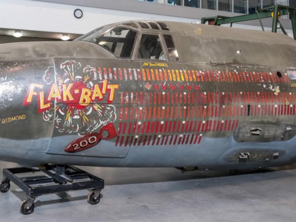 Flak-Bait’s forward fuselage, shown here in the National Air and Space Museum’s Mary Baker Engen Restoration Hangar, provides a graphic record of its WWII service.