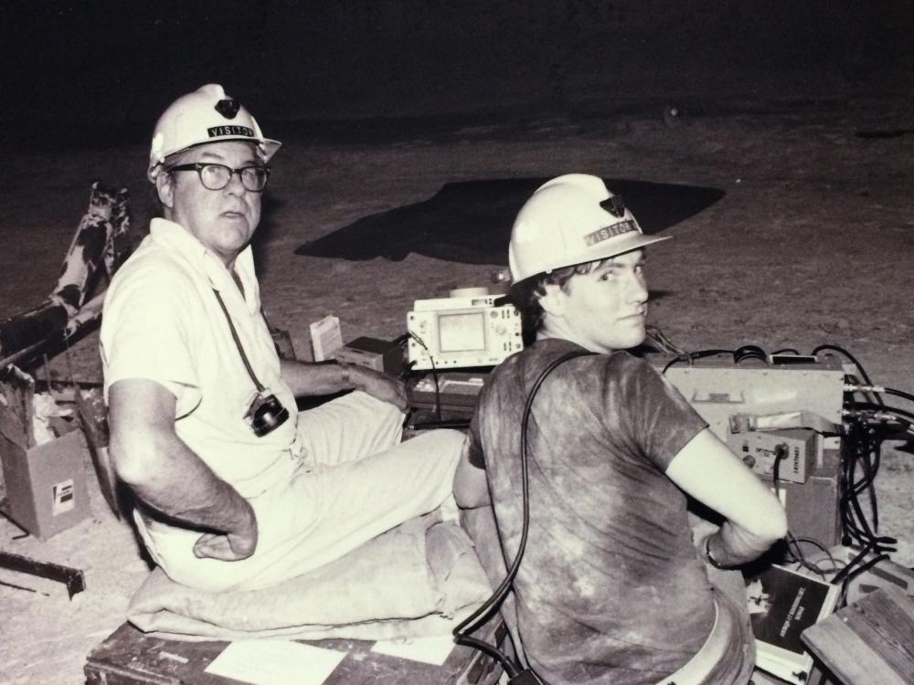 Dr. Robert Unterberger on the left and Bruce Campbell on the right test the "Golf" radar. 