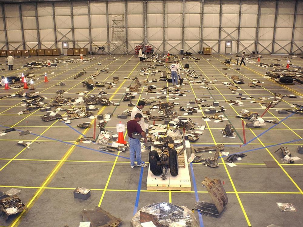 The largest pieces of Columbia’s wreckage were laid out on a grid on the floor of the reconstruction hangar.