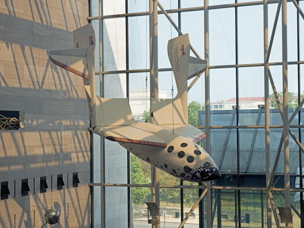 View of SpaceShipOne hanging in its new location in the Boeing Milestones of Flight Hall