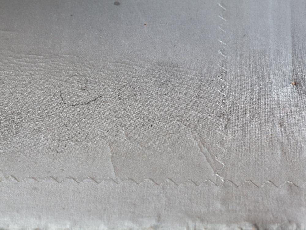 Close up of a signature found on the gray fabric of the Spirit of St. Louis