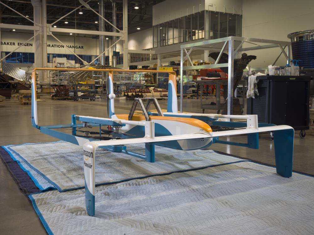 The Amazon Hybrid Delivery Drone in restoration at the Museum’s Steven F. Udvar-Hazy Center. 