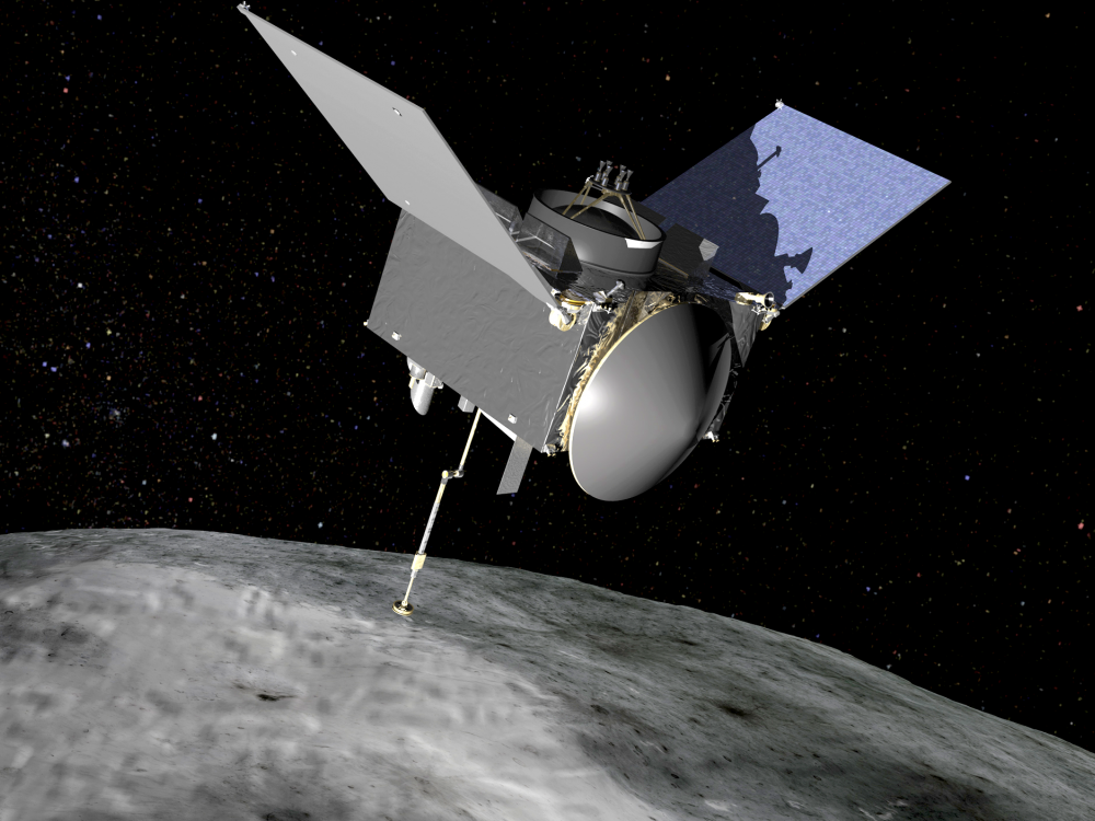 Illustration of the OSIRIS-REx spacecraft orbiting the asteroid Bennu. 