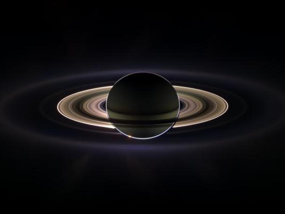 A photo taken by Cassini while it was floating through Saturn's shadow. 