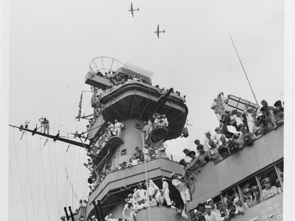 B-29 Superfortresses fly over the USS Missouri