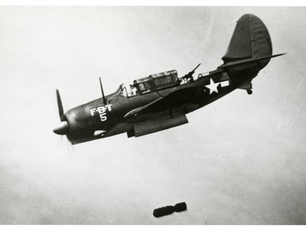 SB2C-5 in a training unit circa 1945 shows off the bomb bay doors and the retracted “turtleback” 