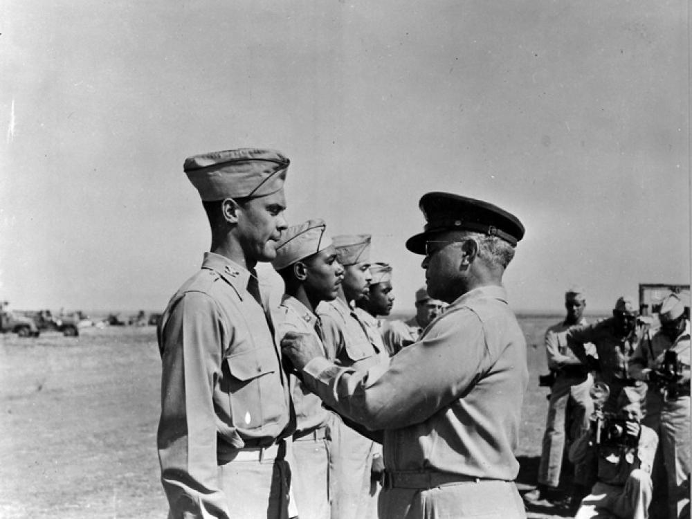 Benjamin O. Davis Sr. pins Distinguished Flying Cross on Davis Jr.