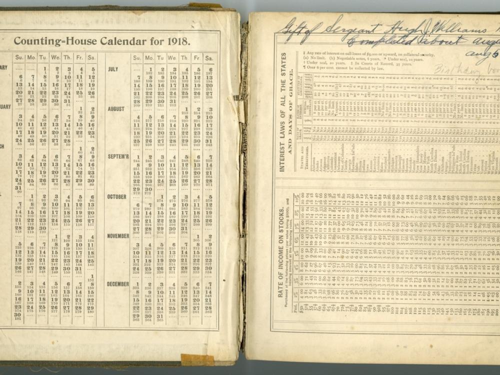 Two side-by-side pages of a book, of which the left page features a 1918 calendar headed as "Counting-House Calendar for 1918" and the right page has writing mentioning its purpose as a birthday book alongside the gifter of the book.