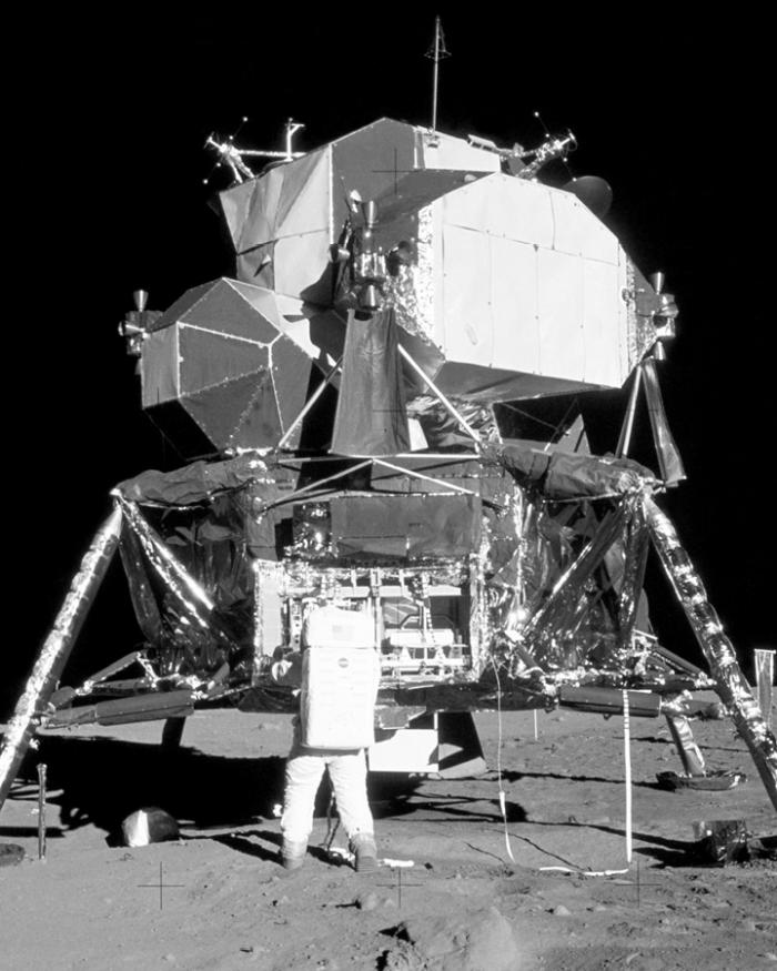 The lunar module, which stands on legs and is made up of polyagonal shapes.