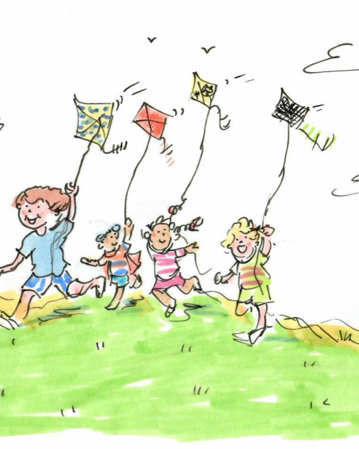 A drawing of children playing with kites.