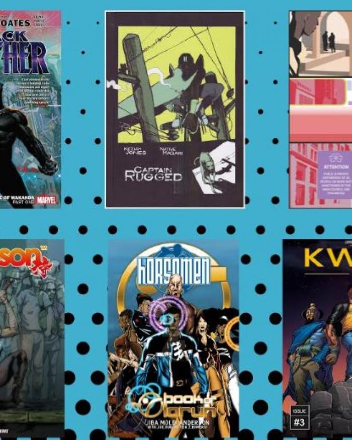 A pictures showing a variety of comic books on a blue background.