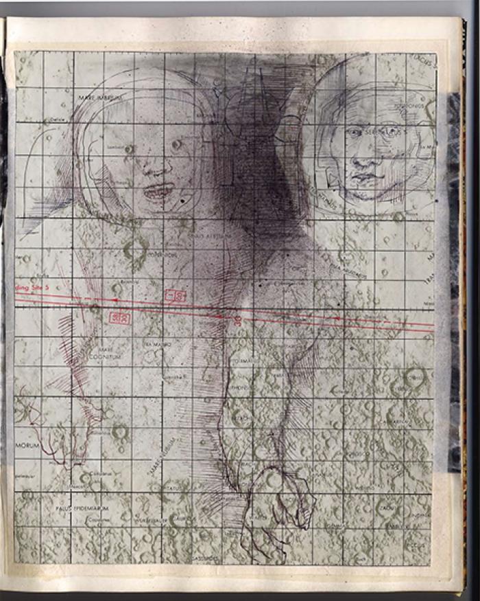 Pencil drawing of two astronauts on the face of the moon