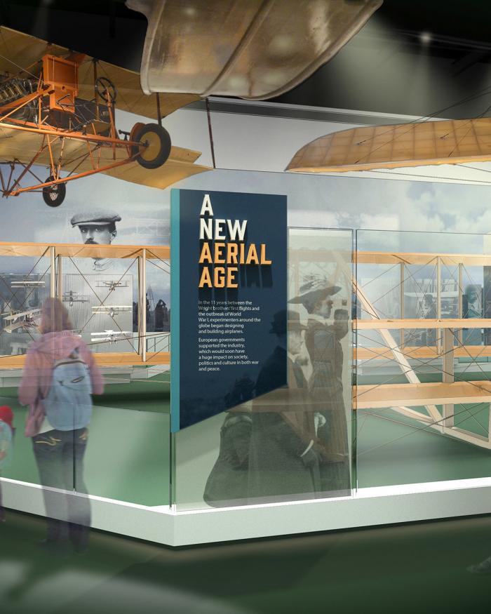 An artist's rendering showing a gallery with old planes.