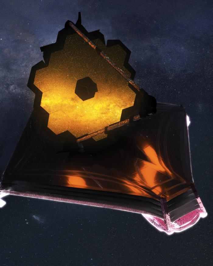 Artists' concept of James Webb Telescope depicted against the backdrop of space.