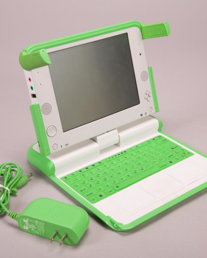 A small green and white laptop.