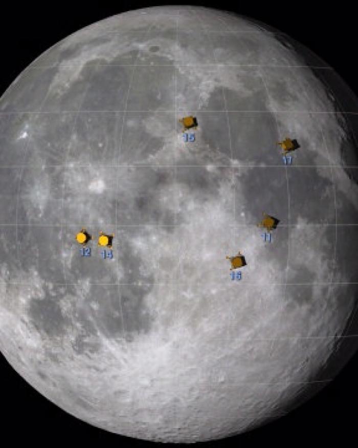 Approximate locations of the Apollo moon landing sites